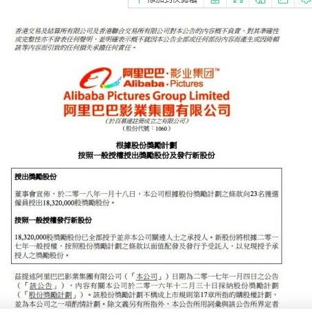 阿里影业以零代价向23名员工授出1832万股奖励股份
