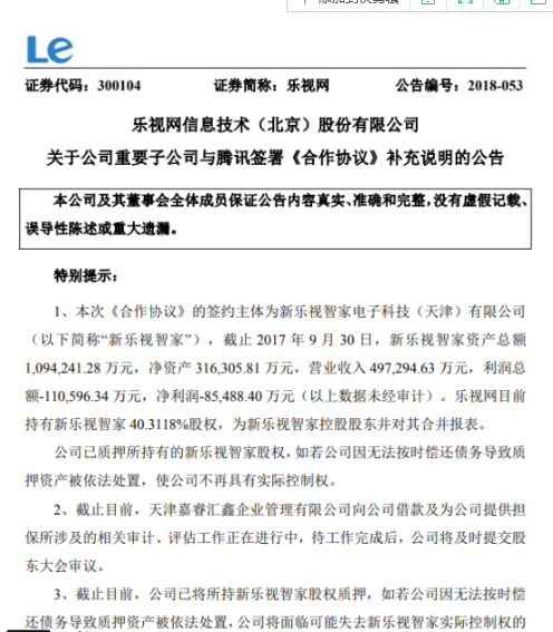乐视网：已将所持新乐视智家股权质押