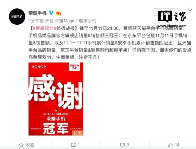 荣耀发布双11战报：获天猫三冠王，京东四冠王