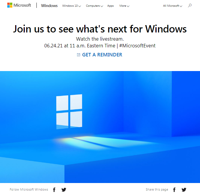 微软放出6月24日Windows 11发布会预约提醒