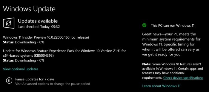Windows Update新增通知：告知当前设备是否兼容Win11