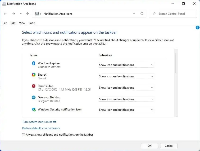 Win11系统管理和显示所有系统托盘图标的方法