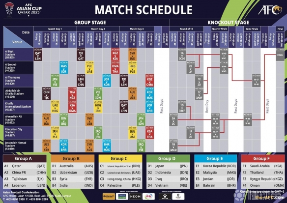 亚洲杯男足2023赛程 中国男足卡塔尔亚洲杯2023赛程表