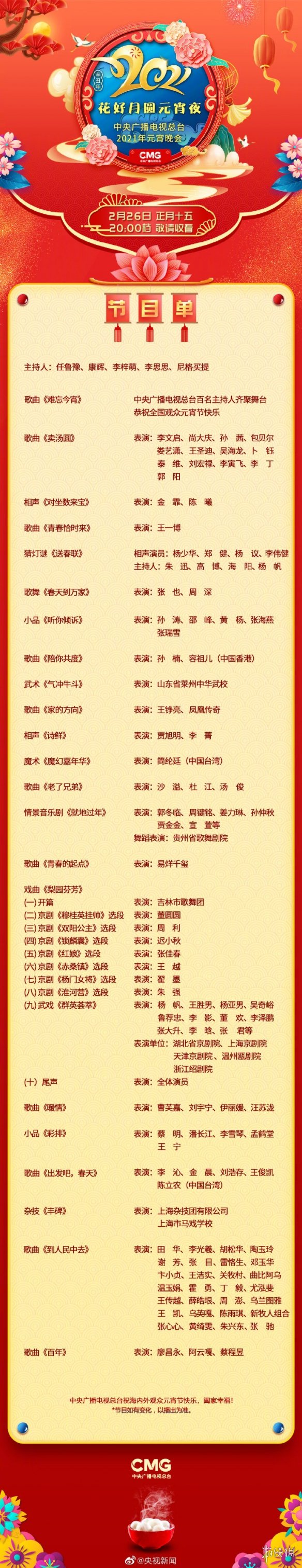 2021年央视元宵晚会节目单是什么 2021央视元宵晚会节目单一览